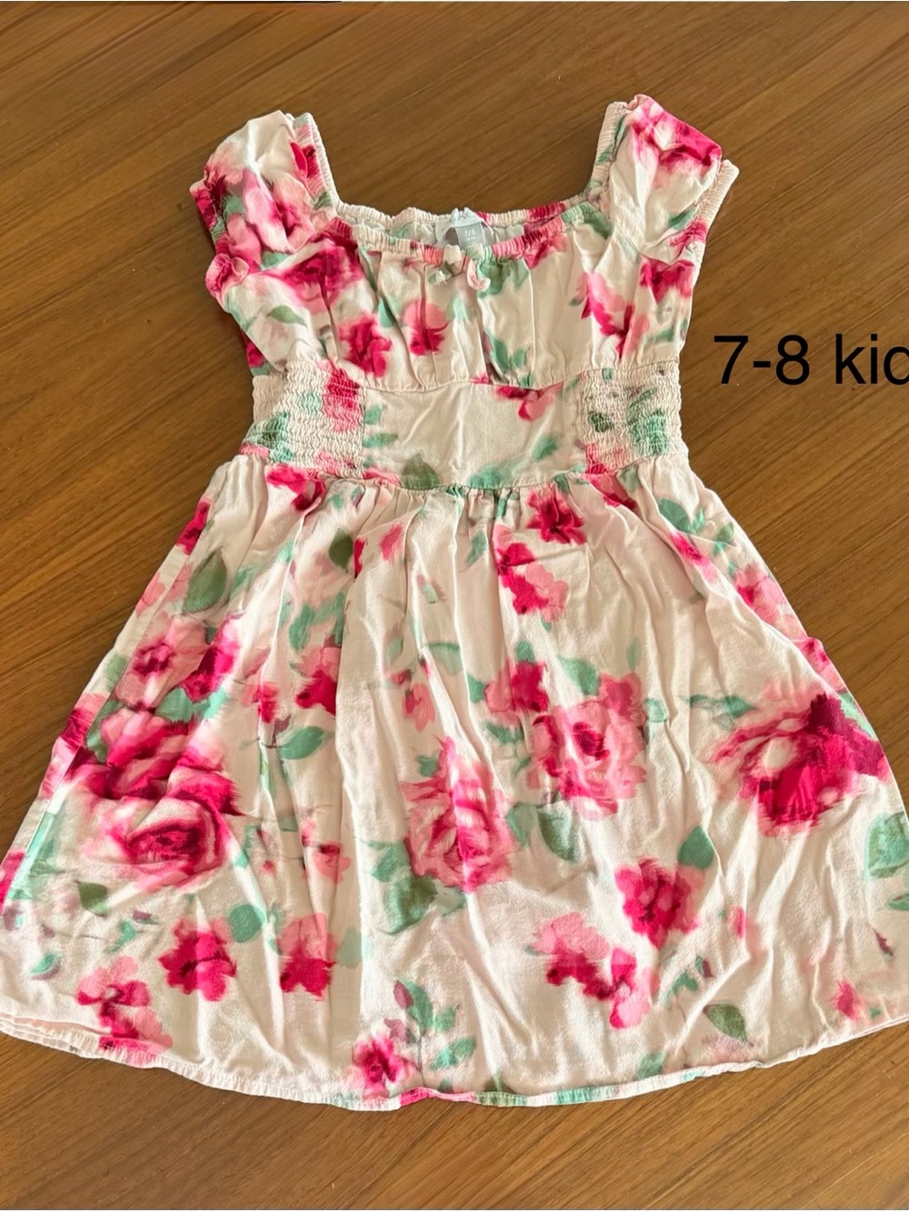 7-8 Kids White Smocked Dress with Pink Floral Print